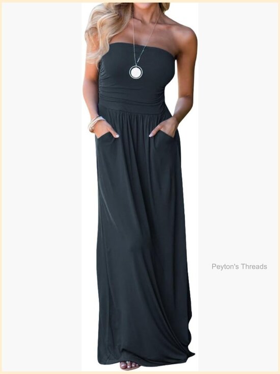 Dresses & Skirts - Off Shoulder Maxi Dress Strapless Bandeau Long Dress with Pockets